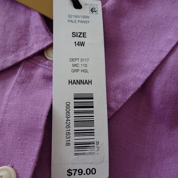 Investments Linen Blouse Top Women's 14W Purple Roll Tab Sleeves - Picture 7 of 9